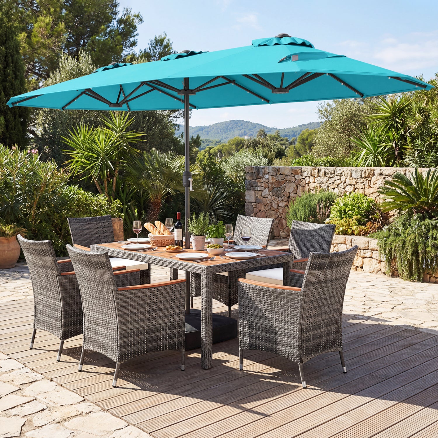 8 Pieces Outdoor Wicker Dining Furniture and 13.5 FT Double-Sided Patio Umbrella-Turquoise