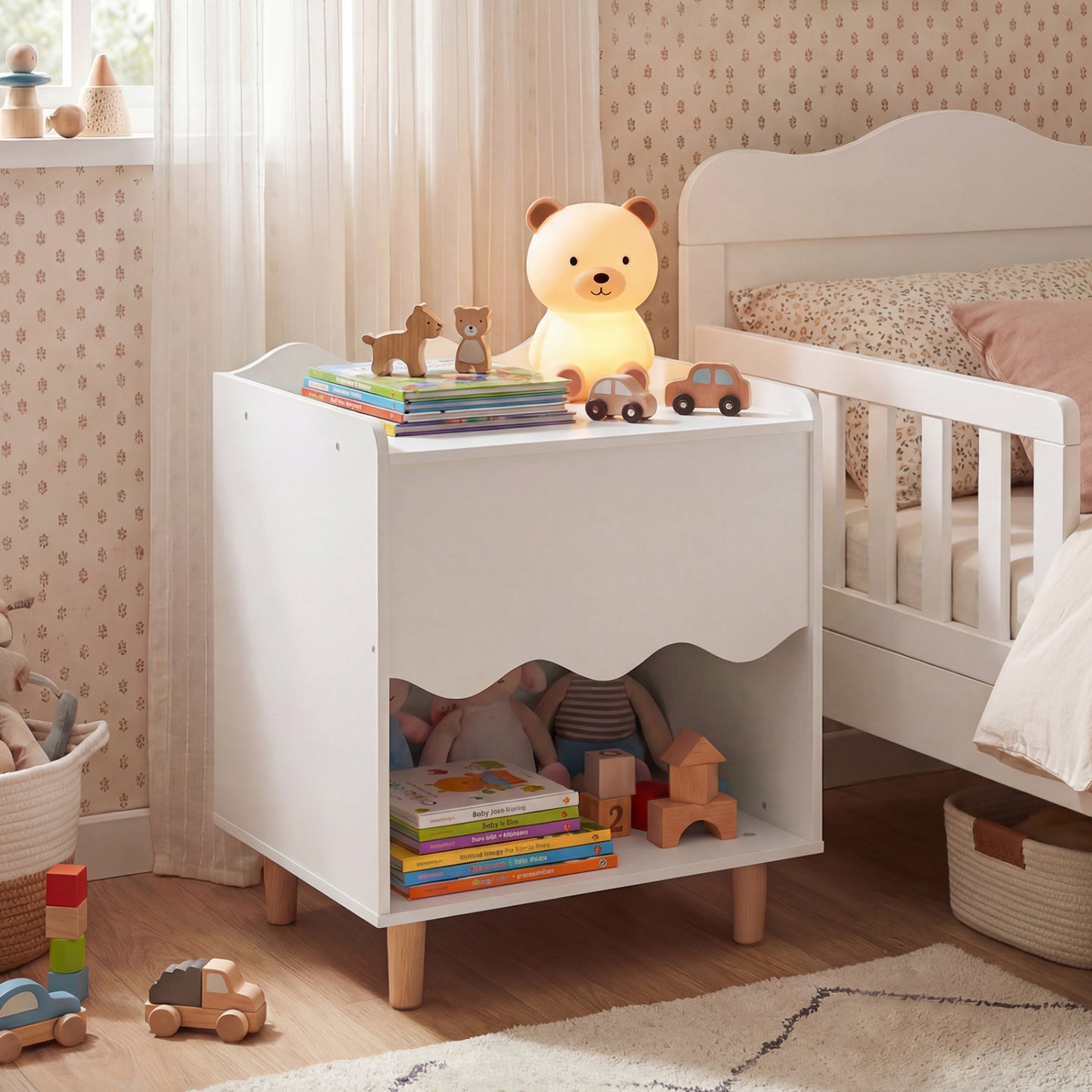 Toddler Scalloped Side Table with Wide Top & Open Compartment