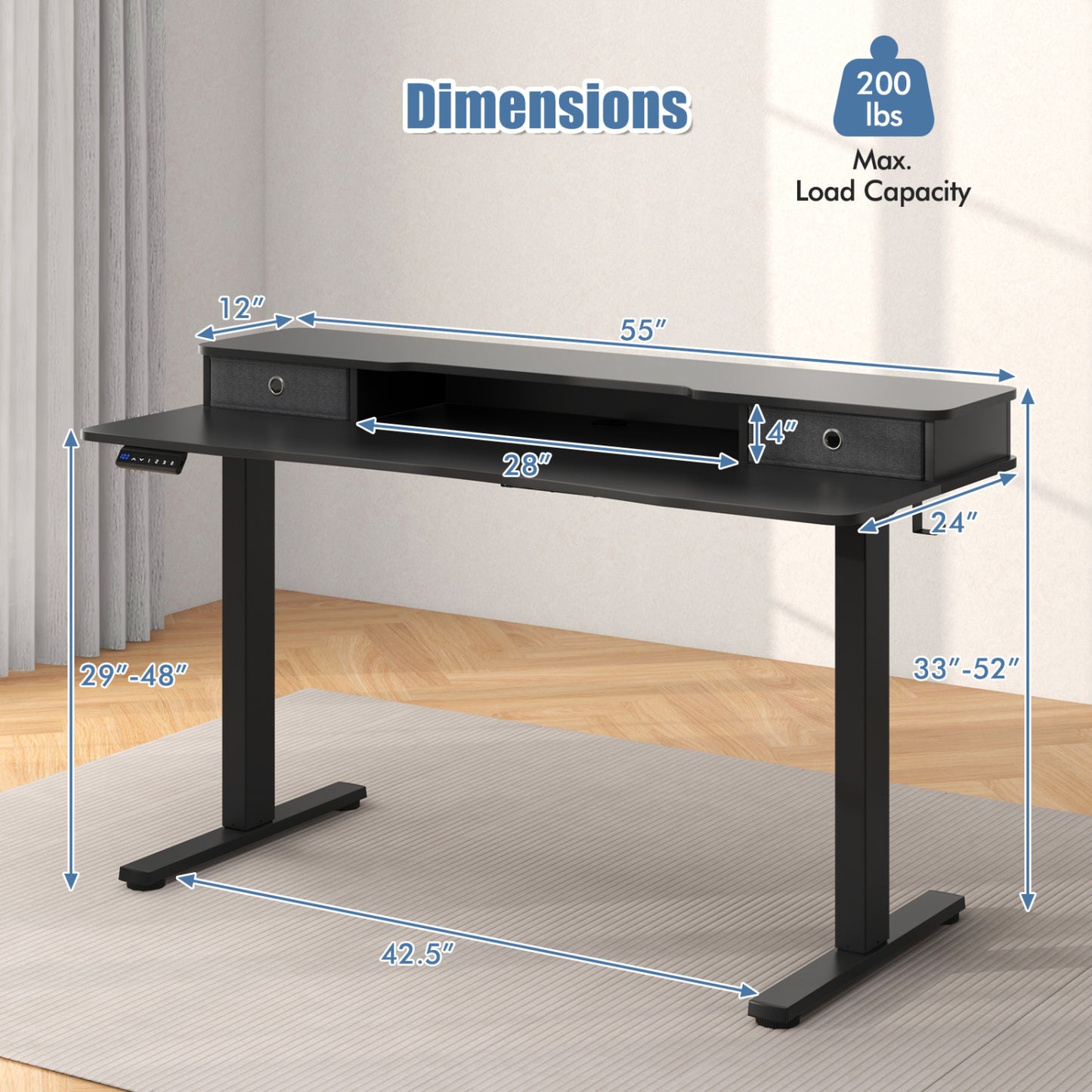 Electric Height Adjustable Standing Desk and Drafting Chair Set with Storage Drawers