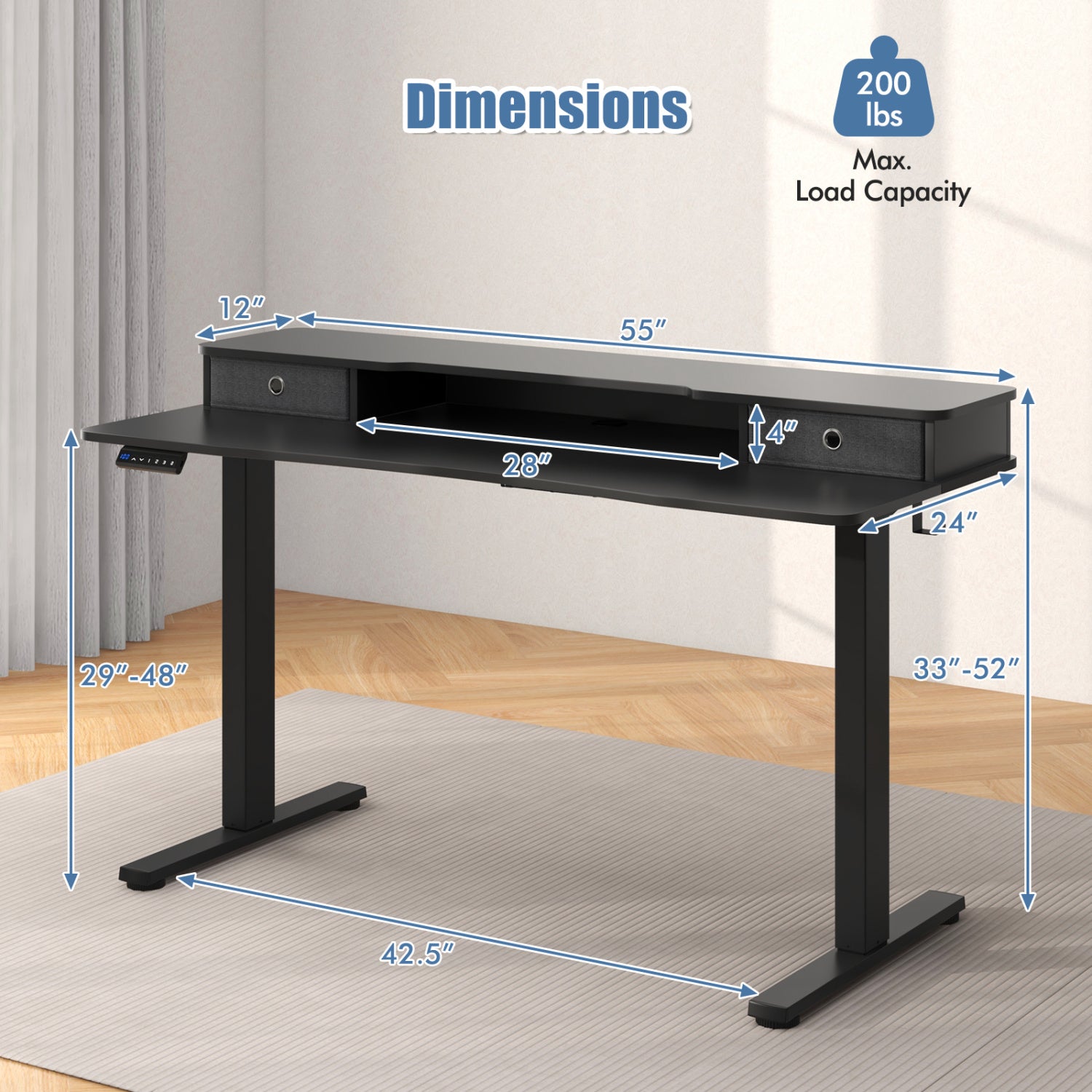 Electric Height Adjustable Standing Desk and Drafting Chair Set with Storage Drawers