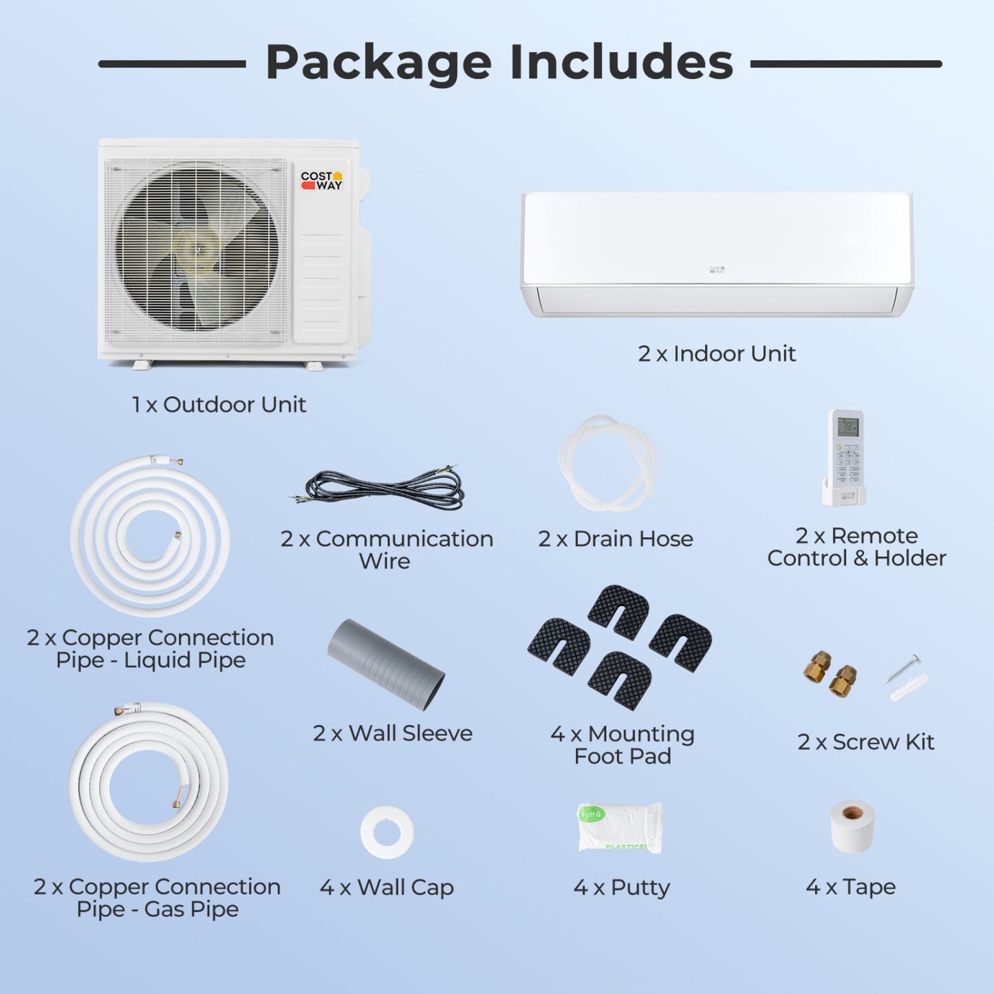 27000 BTU 2 Zone Mini Split AC with Heat Pump (18K+18K)