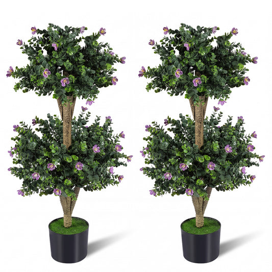 2 Pack 36" Artificial Double Ball Boxwood Topiary Tree with 41 Blossoms