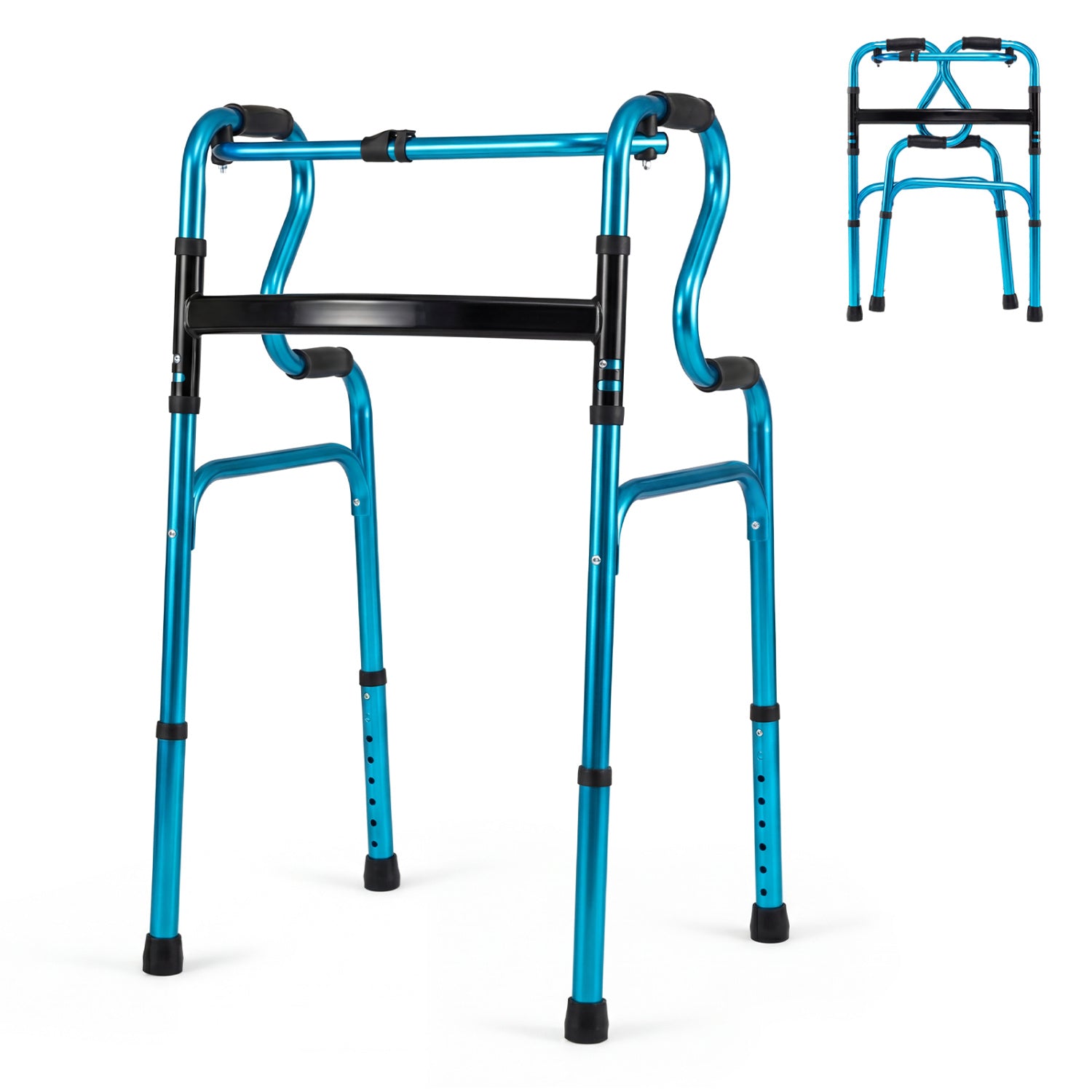 One-Button Folding Aluminum Walking Frame Walker - Navy