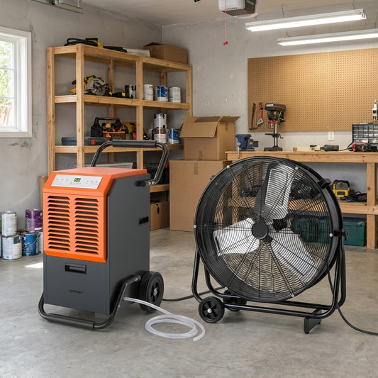 Garage & Warehouse Climate Control Bundle: Dehumidifier + Industrial Drum Fan