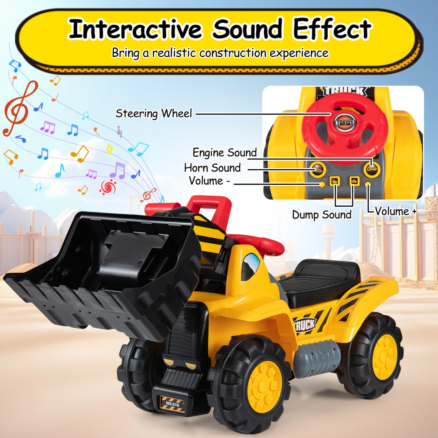 3-in-1 Ride on Excavator Bulldozer Detachable with Engine Sound and Helmet