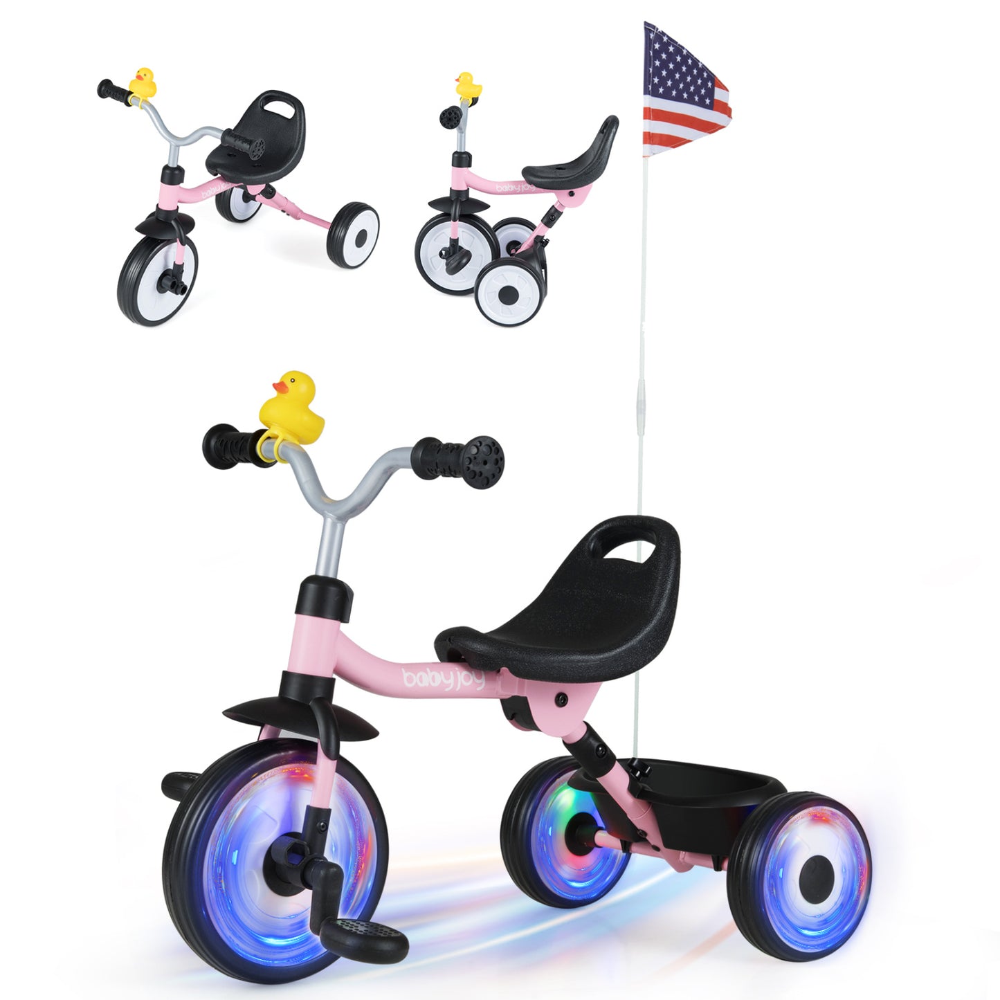 Glowing Wheels Toddler Tricycle Foldable Kids Trike with Basket and Duck Bell