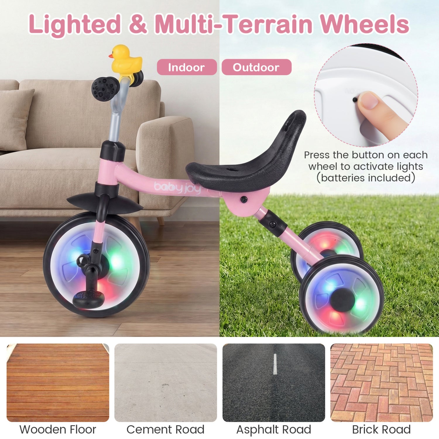 Glowing Wheels Toddler Tricycle Foldable Kids Trike with Basket and Duck Bell