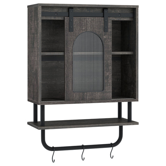 Bathroom Wall Cabinet with Sliding Barn Door and Metal Hanging Bar with 3 Hooks