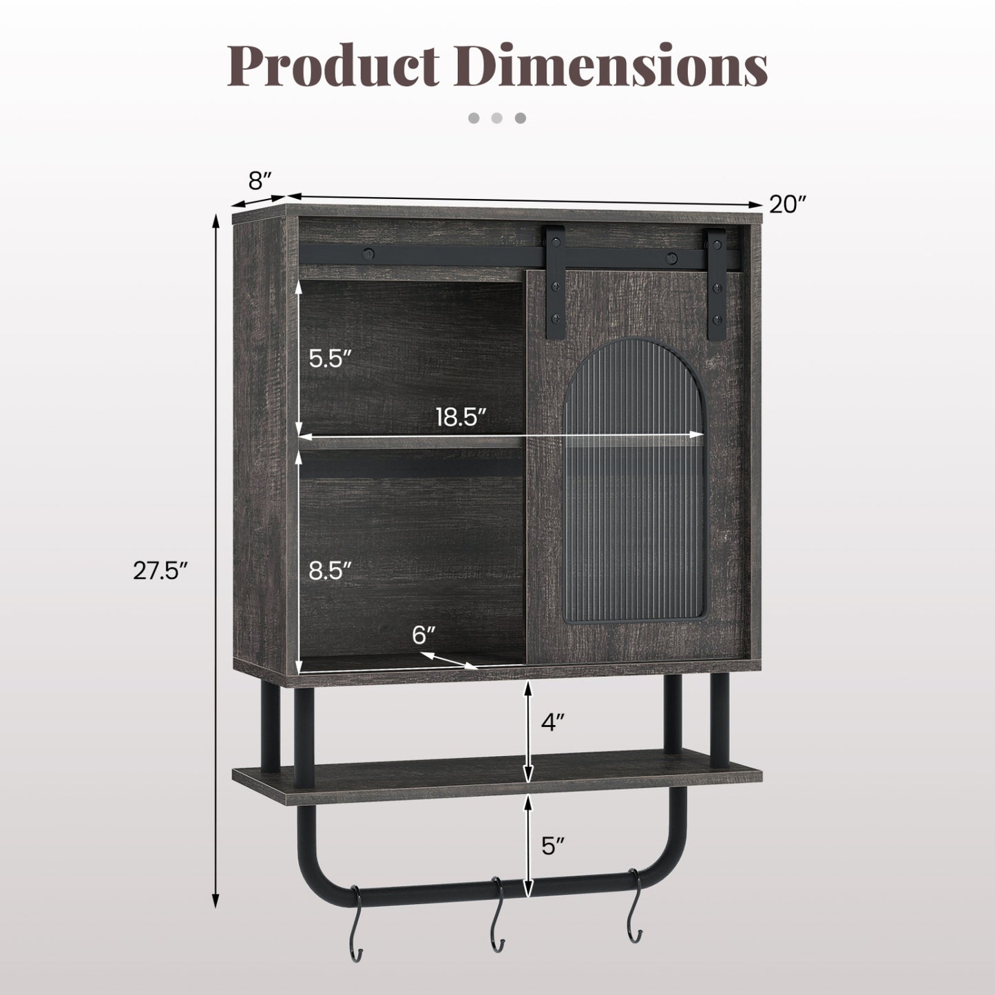 Bathroom Wall Cabinet with Sliding Barn Door and Metal Hanging Bar with 3 Hooks
