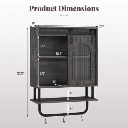 Bathroom Wall Cabinet with Sliding Barn Door and Metal Hanging Bar with 3 Hooks