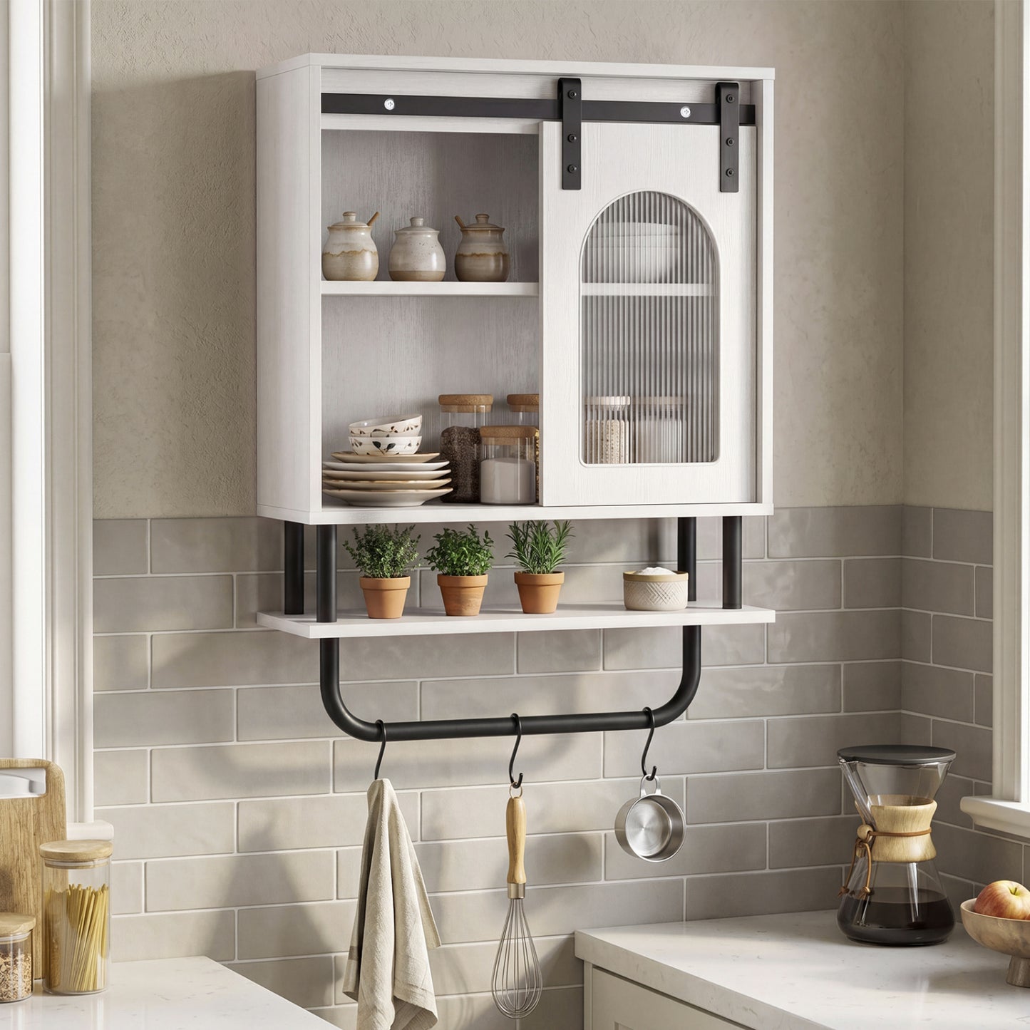 Bathroom Wall Cabinet with Sliding Barn Door and Metal Hanging Bar with 3 Hooks