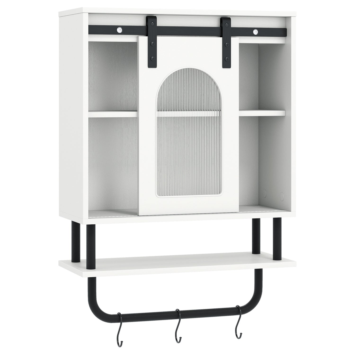 Bathroom Wall Cabinet with Sliding Barn Door and Metal Hanging Bar with 3 Hooks