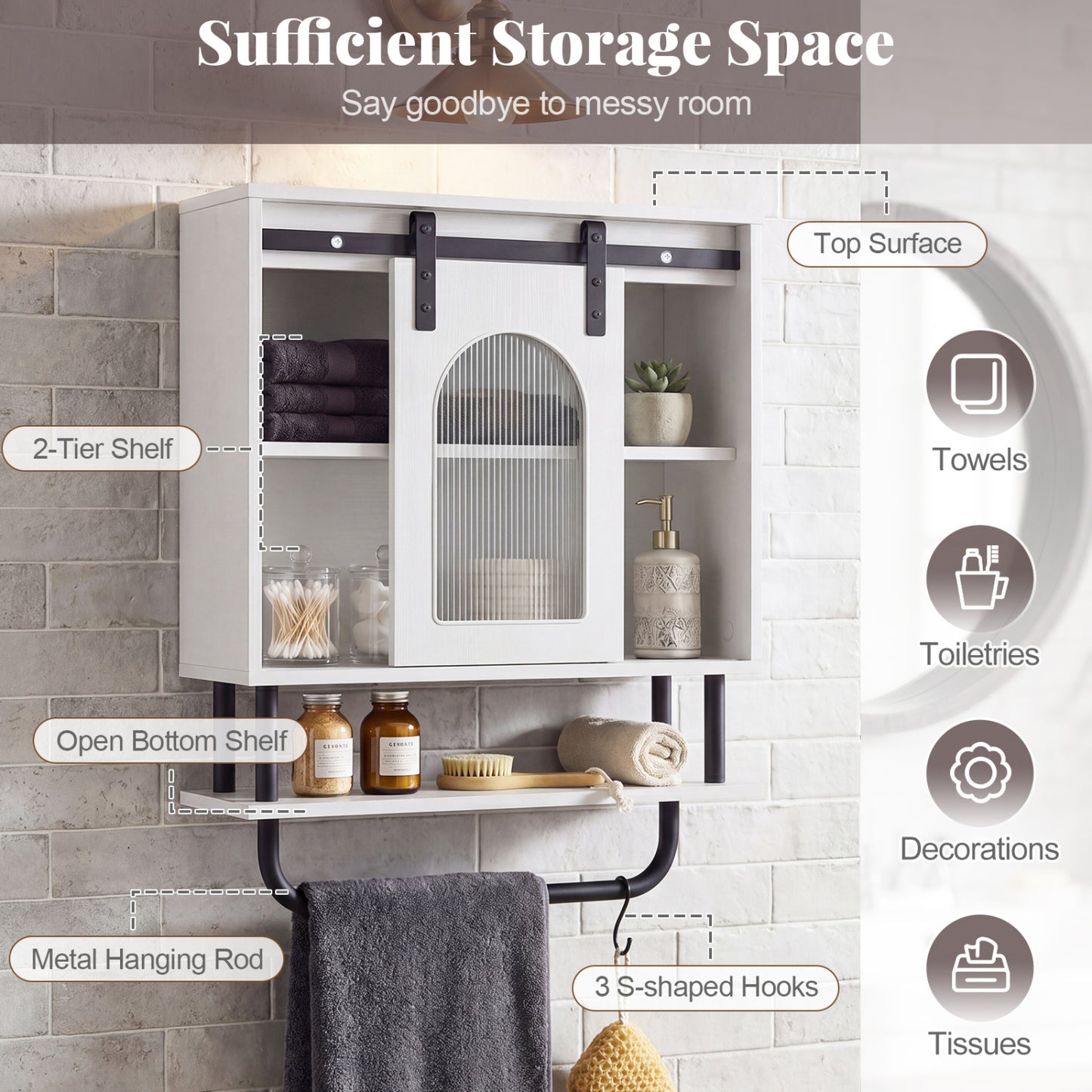 Bathroom Wall Cabinet with Sliding Barn Door and Metal Hanging Bar with 3 Hooks