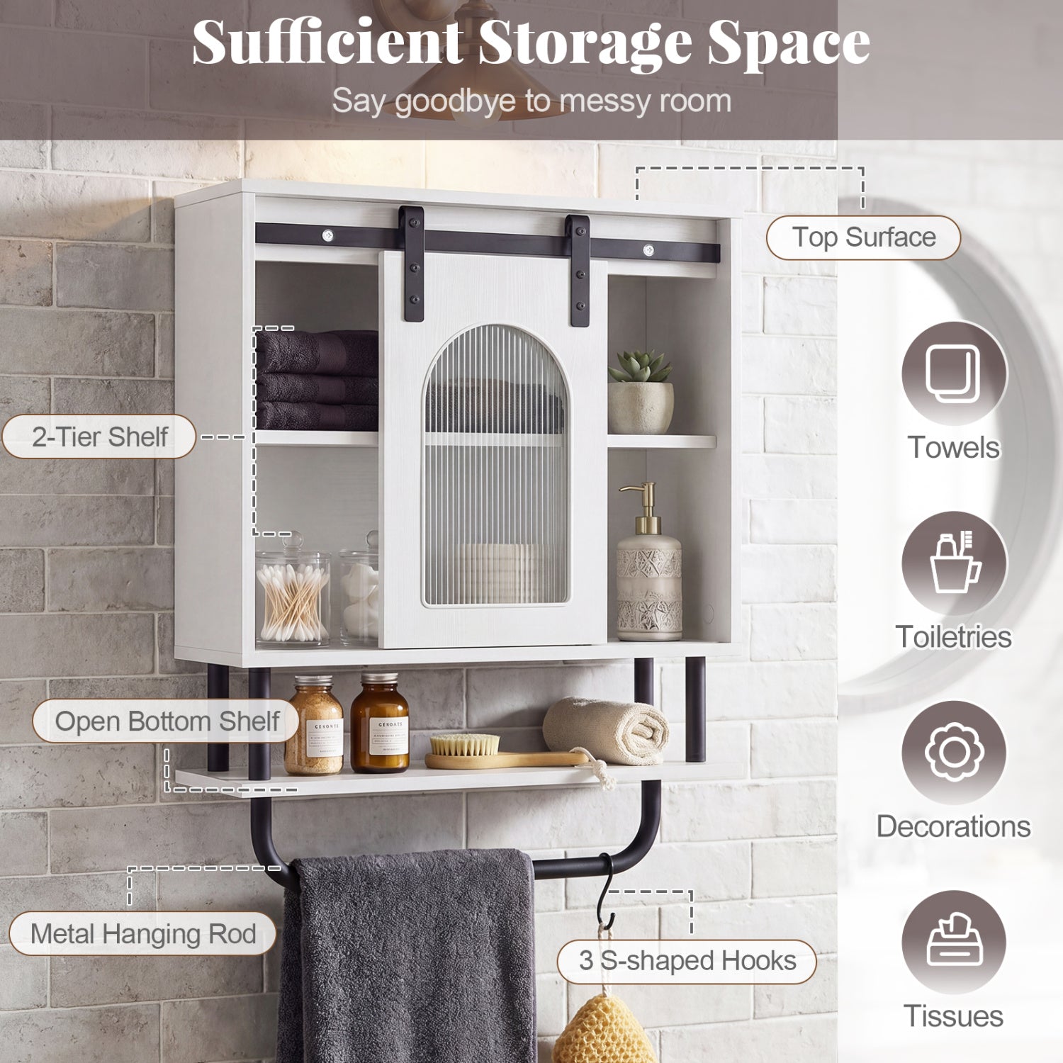 Bathroom Wall Cabinet with Sliding Barn Door and Metal Hanging Bar with 3 Hooks