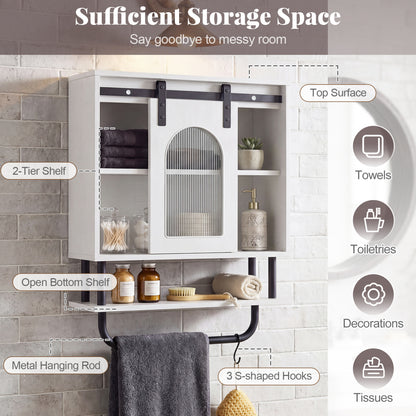 Bathroom Wall Cabinet with Sliding Barn Door and Metal Hanging Bar with 3 Hooks