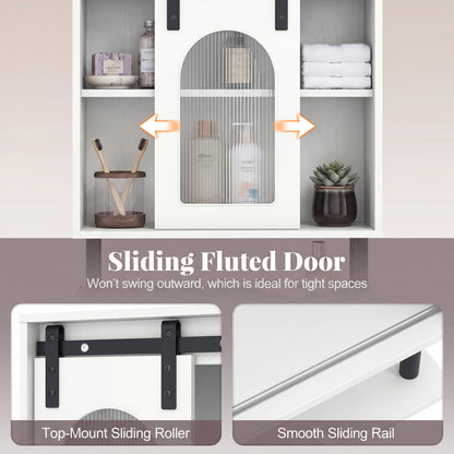 Bathroom Wall Cabinet with Sliding Barn Door and Metal Hanging Bar with 3 Hooks
