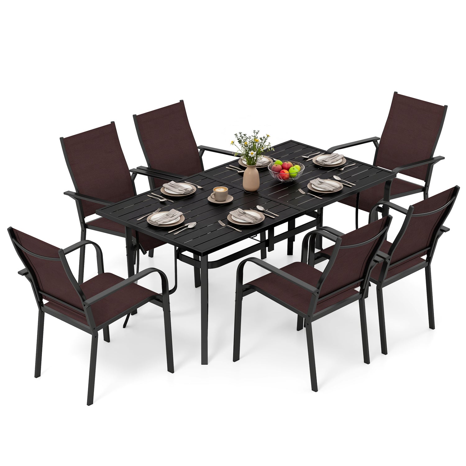 7-Piece Patio Dining Set for 6 with Rectangle Metal Table and Stackable Breathable Mesh Armchairs
