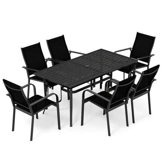 7-Piece Patio Dining Set for 6 with Rectangle Metal Table and Stackable Breathable Mesh Armchairs