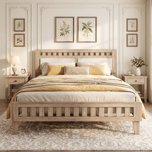 Queen Wood Bed Frame with Upholstered Headboard