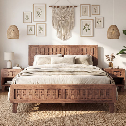 Mid Century Queen Size Bed Frame with Woven Accent Headboard