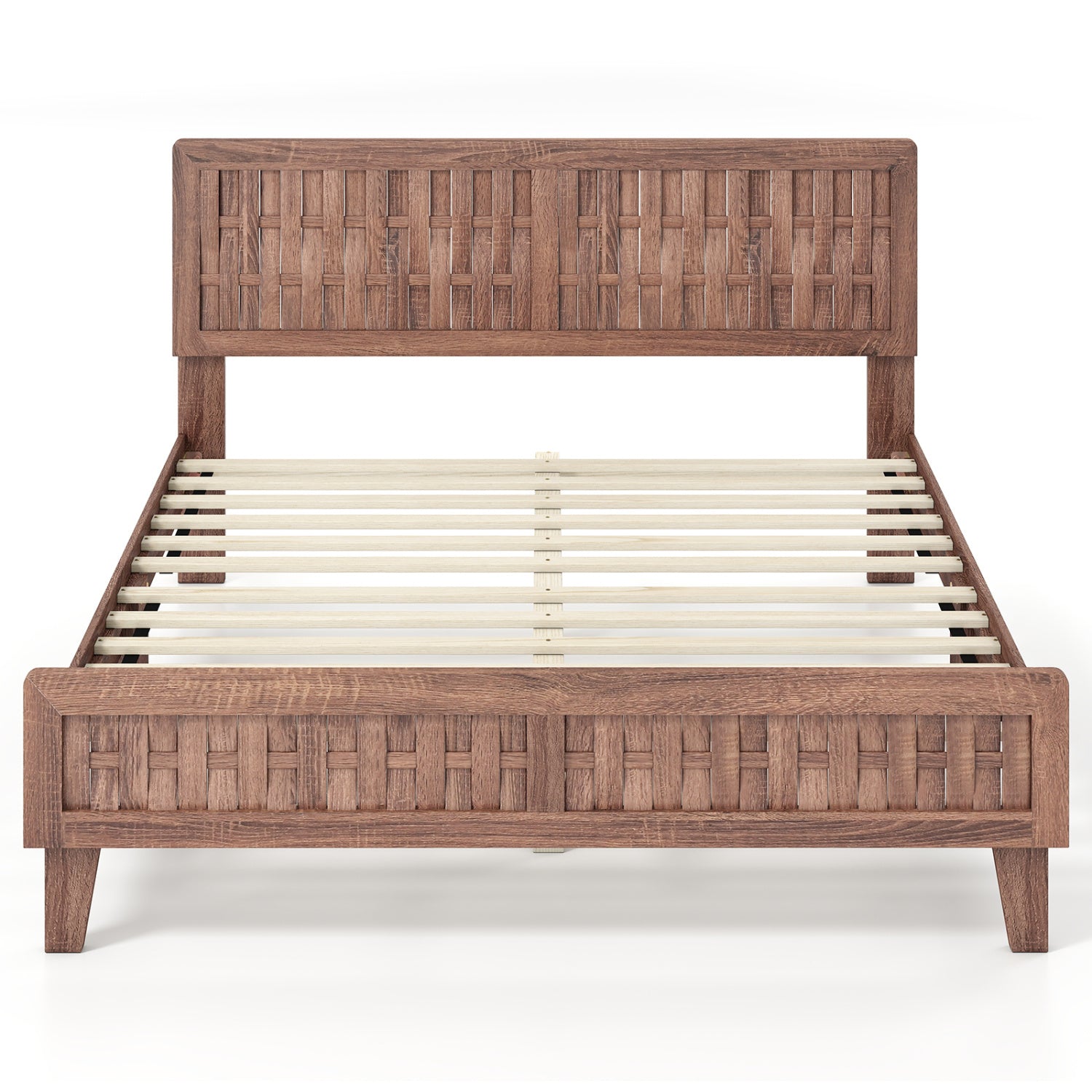 Mid Century Queen Size Bed Frame with Woven Accent Headboard