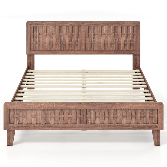 Mid Century Queen Size Bed Frame with Woven Accent Headboard