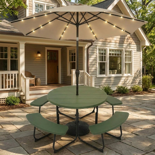 3-Piece Round Picnic Table Set with 10FT Solar LED Tilt Umbrella and Base for Patio Backyard