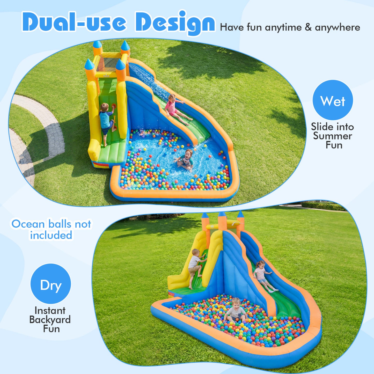 Inflatable Water Slide with Curved Slide and 680W Blower