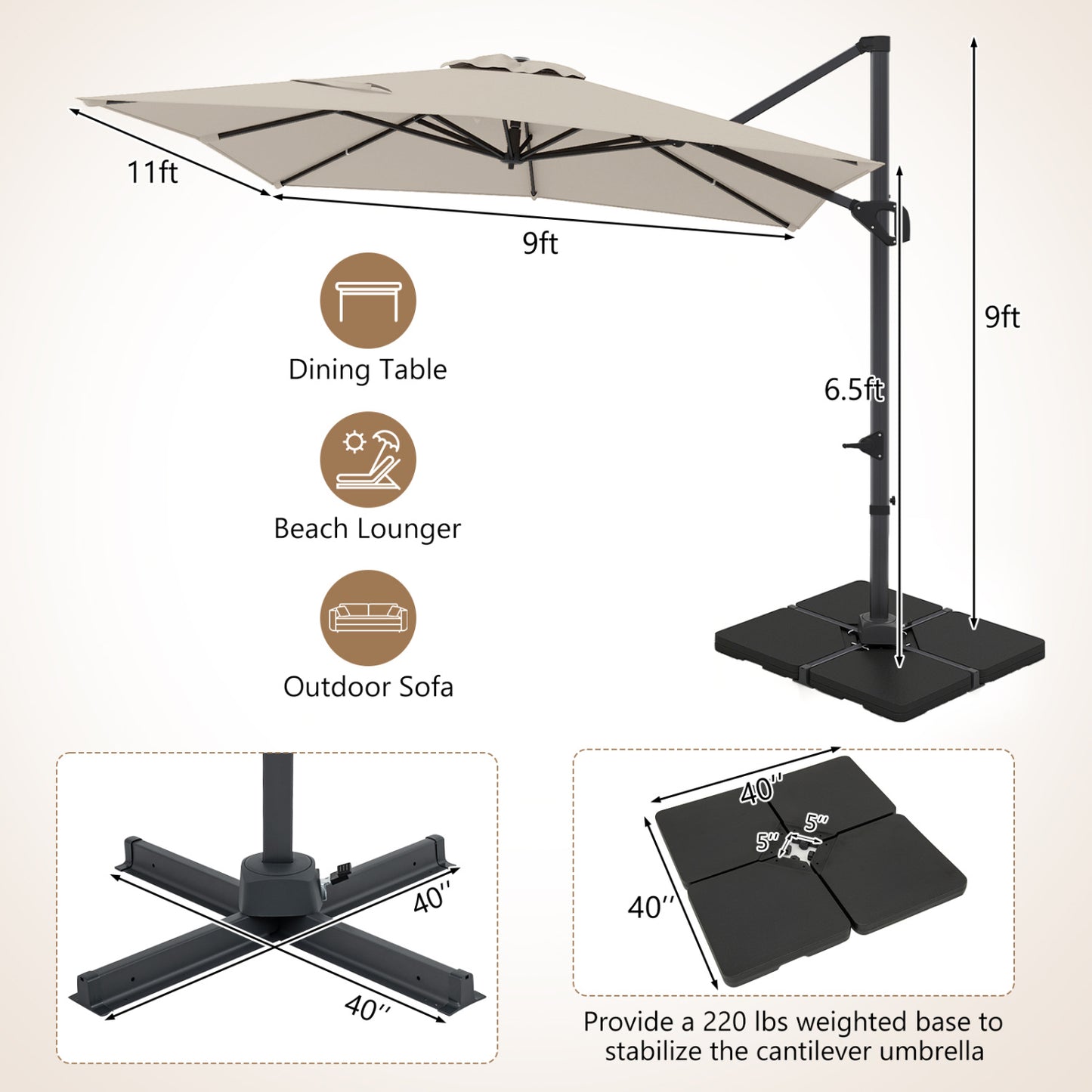 Offset Hanging Patio Umbrella 11x9 ft with 220 lb Base