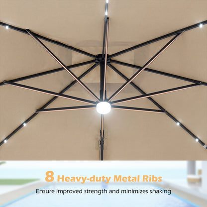10 FT Cantilever Patio Umbrella with Solar LED Lights & Base