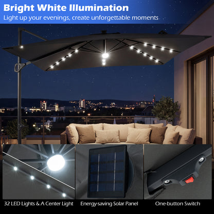 10 FT Cantilever Patio Umbrella with Solar LED Lights & Base