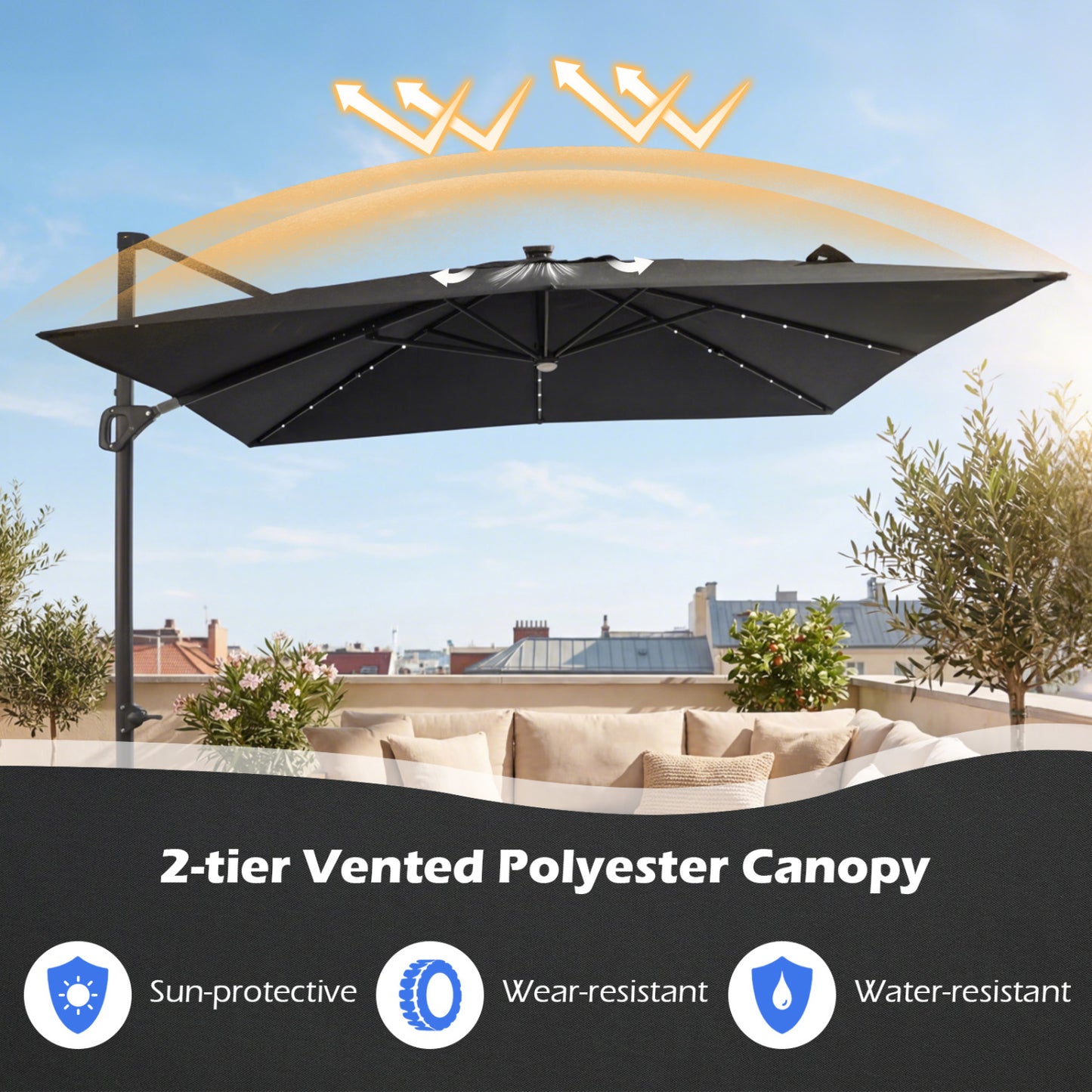 10 FT Cantilever Patio Umbrella with Solar LED Lights & Base