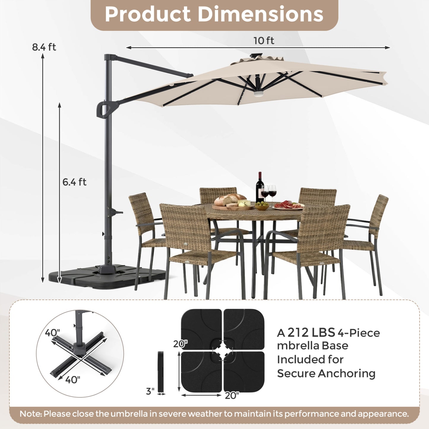 10 FT Cantilever Patio Umbrella with Solar LED Lights & Base
