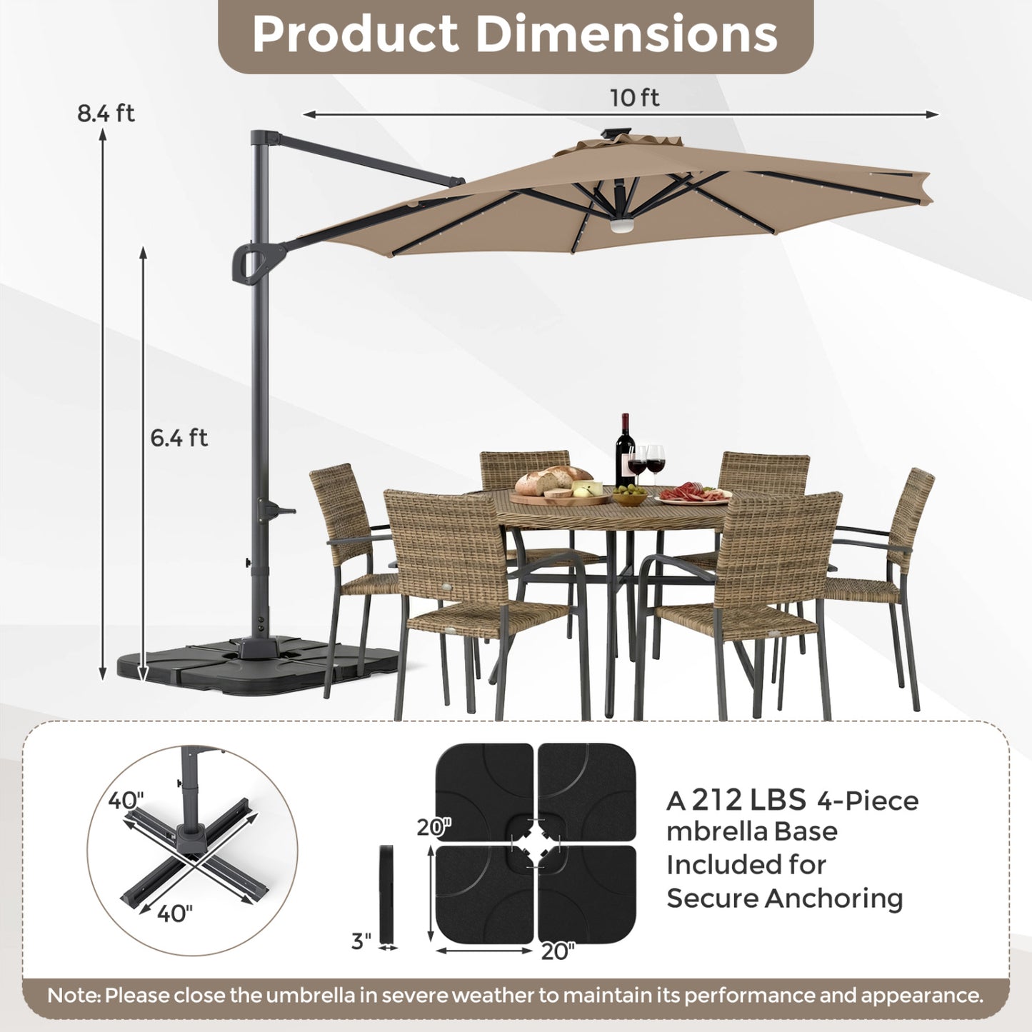 10 FT Cantilever Patio Umbrella with Solar LED Lights & Base