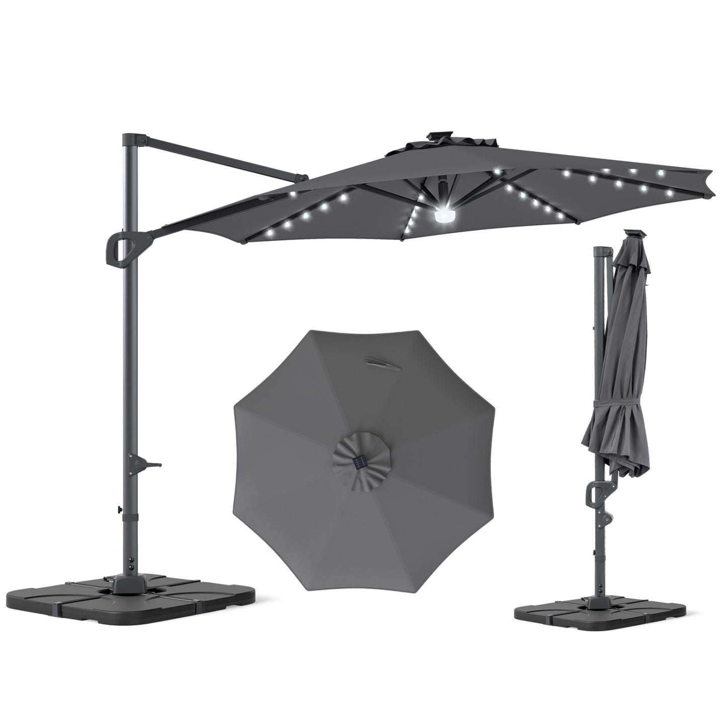 10 FT Cantilever Patio Umbrella with Solar LED Lights & Base