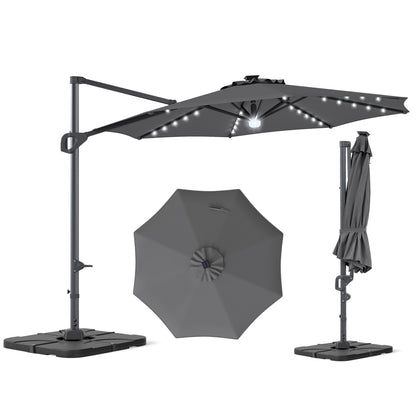 10 FT Cantilever Patio Umbrella with Solar LED Lights & Base