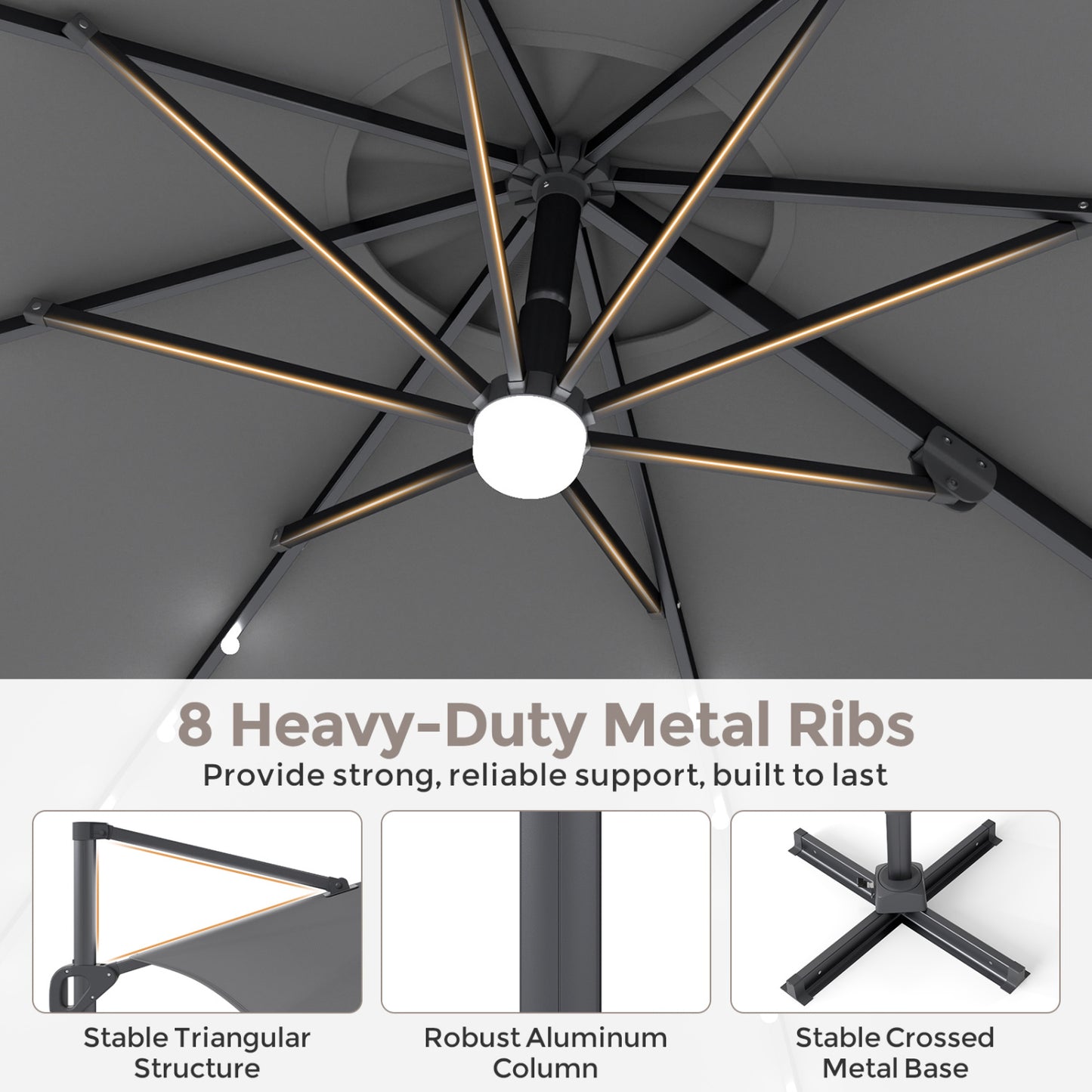 10 FT Cantilever Patio Umbrella with Solar LED Lights & Base