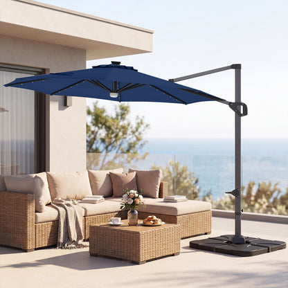 10 FT Cantilever Patio Umbrella with Solar LED Lights & Base