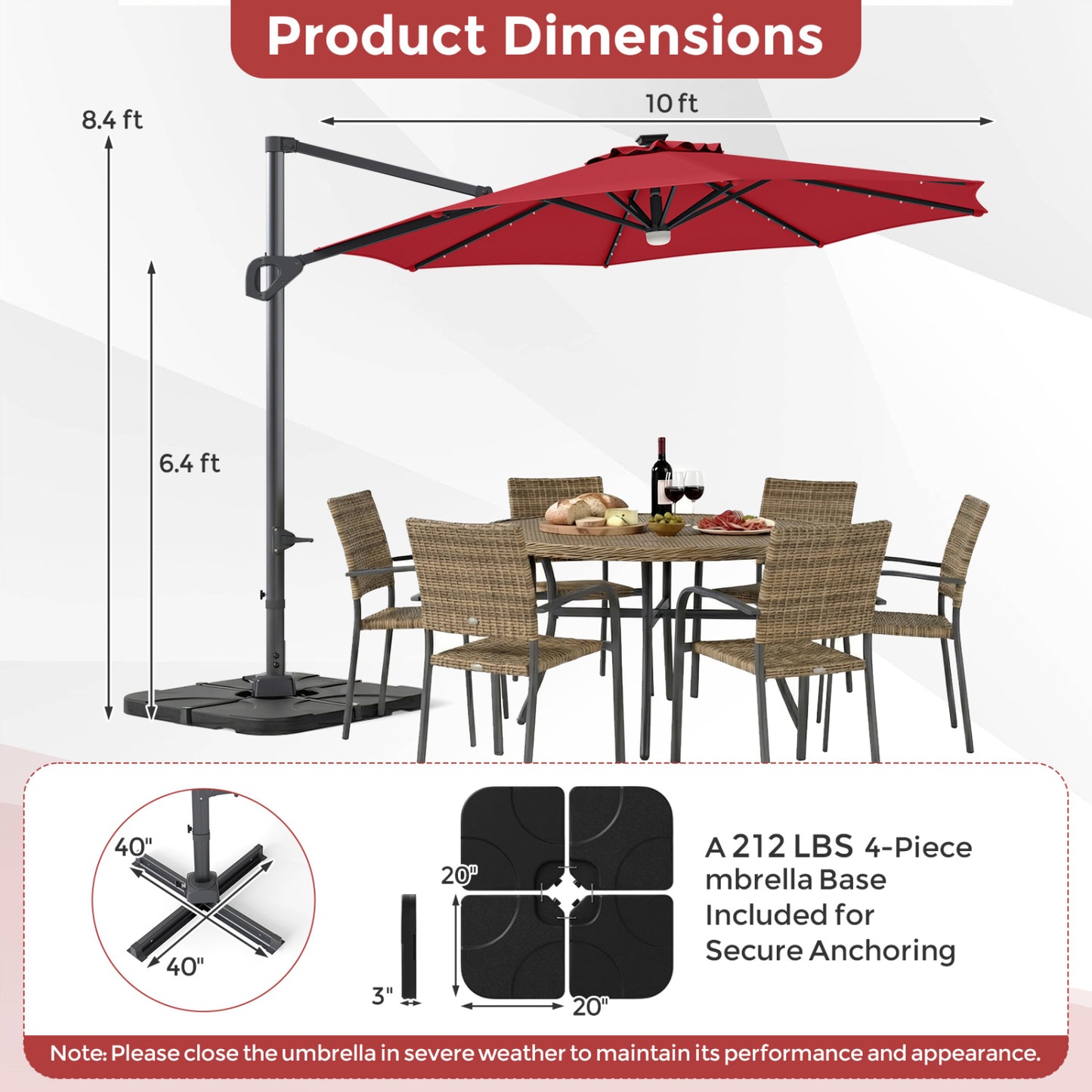 10 FT Cantilever Patio Umbrella with Solar LED Lights & Base
