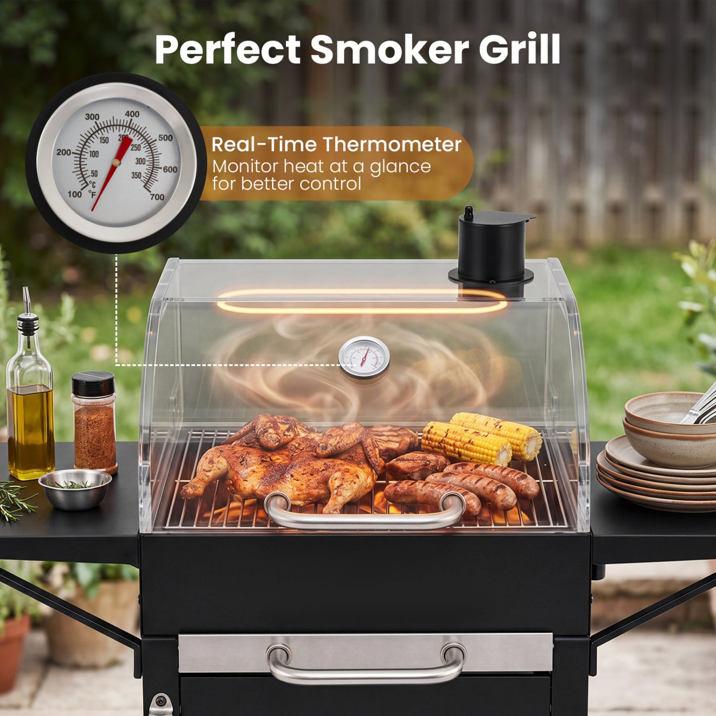 Charcoal Grill with Adjustable Chimney 284 sq.in