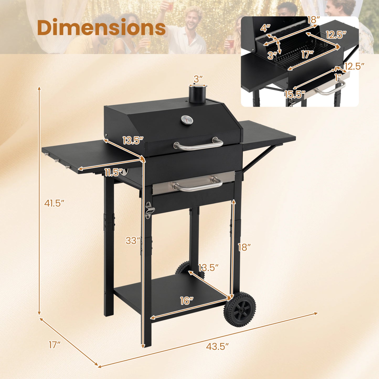Charcoal Grill with Adjustable Chimney 284 sq.in