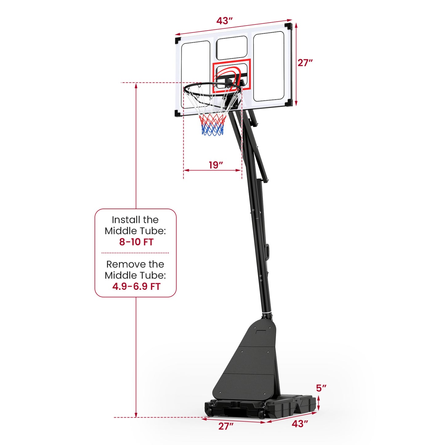 Portable Basketball Hoop Adjustable 4.9-10 Feet with Base