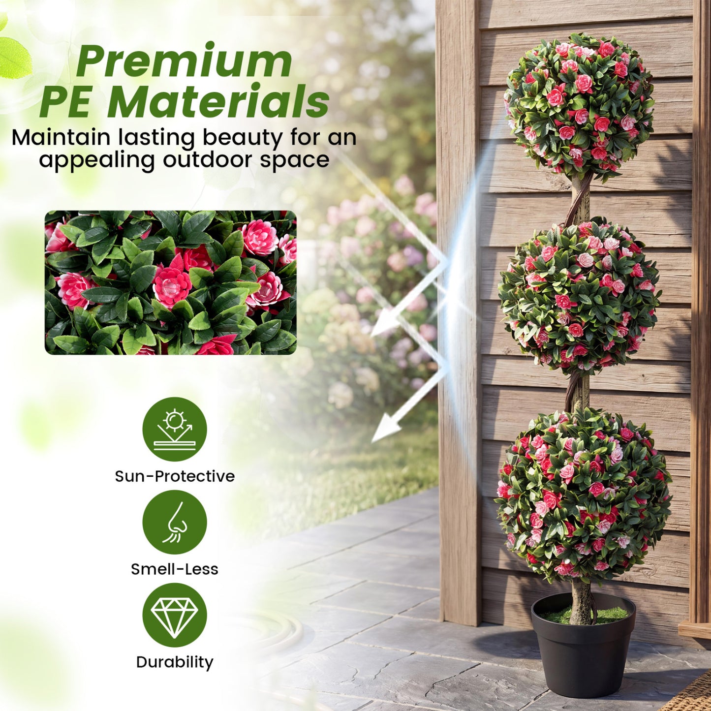 Artificial Triple Ball Rose Topiary Tree 43.5" - Set of 2