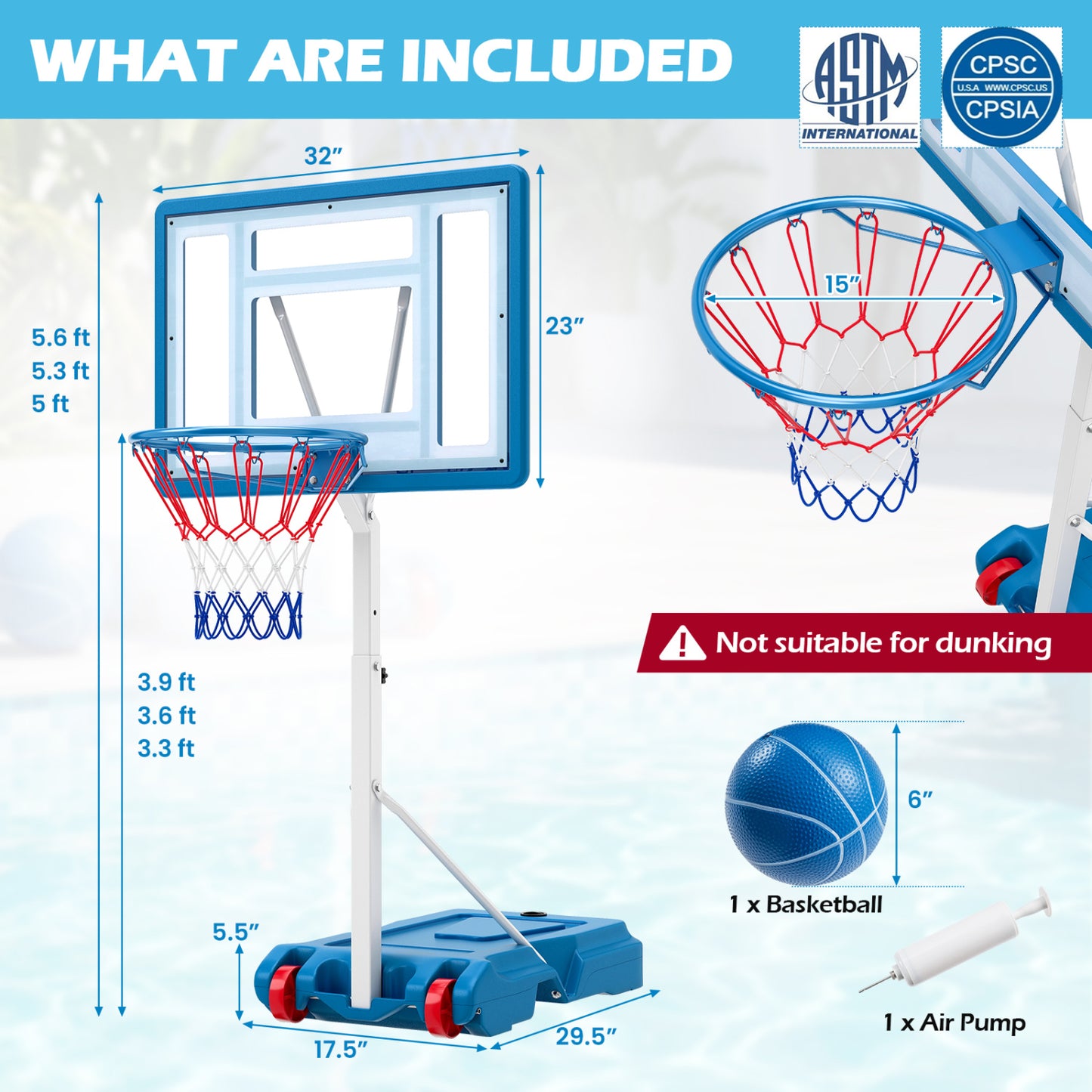 Adjustable Pool Basketball Hoop with Shatterproof Backboard