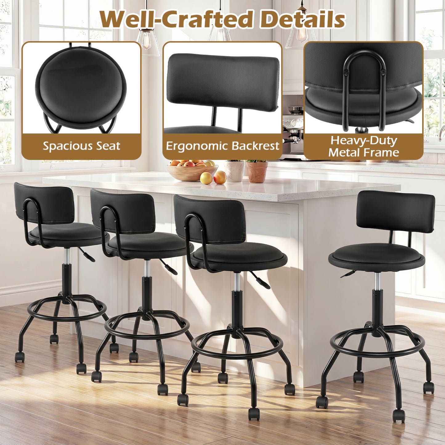 Swivel Bar Stools Set of 4 with Adjustable Height & Backrest