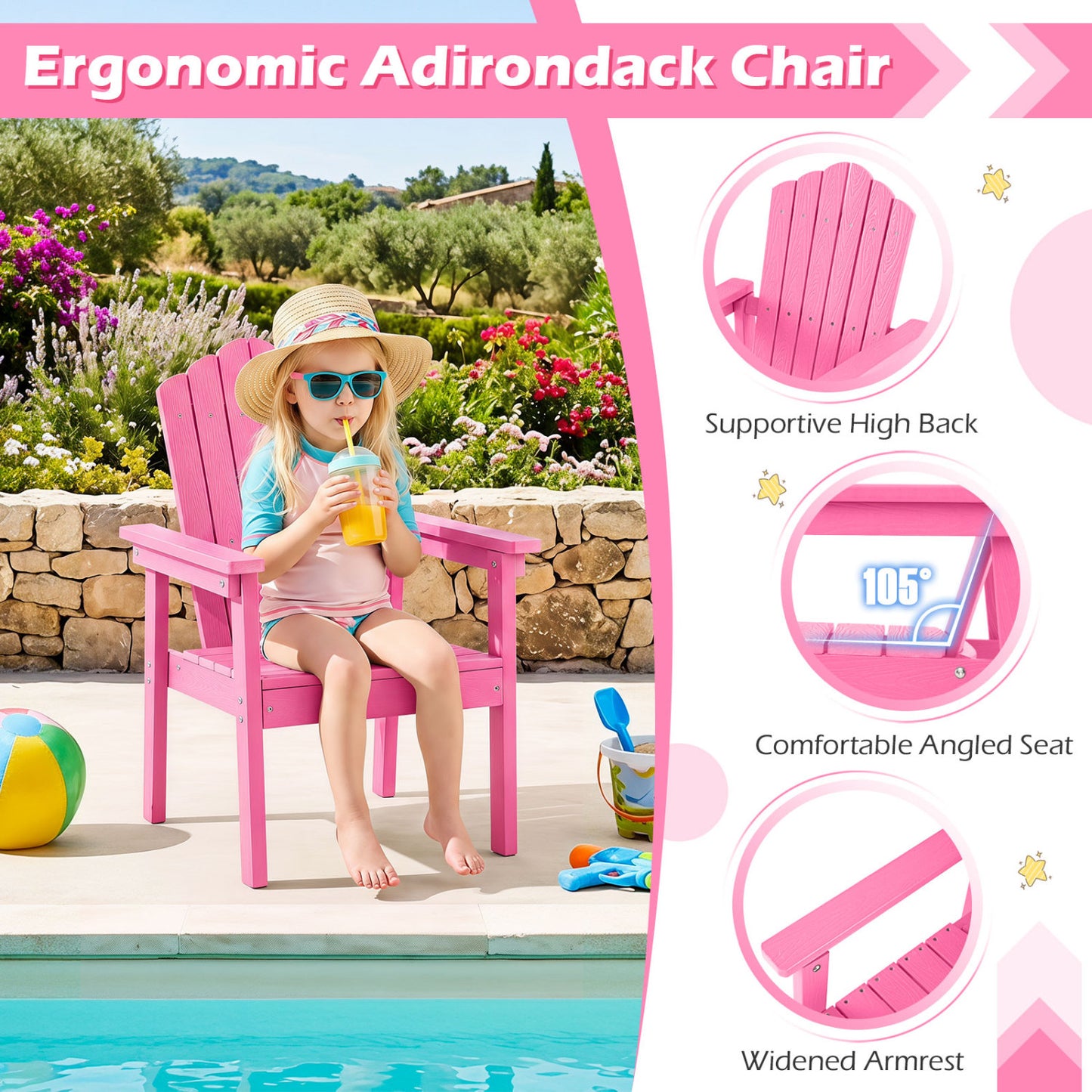 Adirondack Chair with High Backrest and Wide Armrests