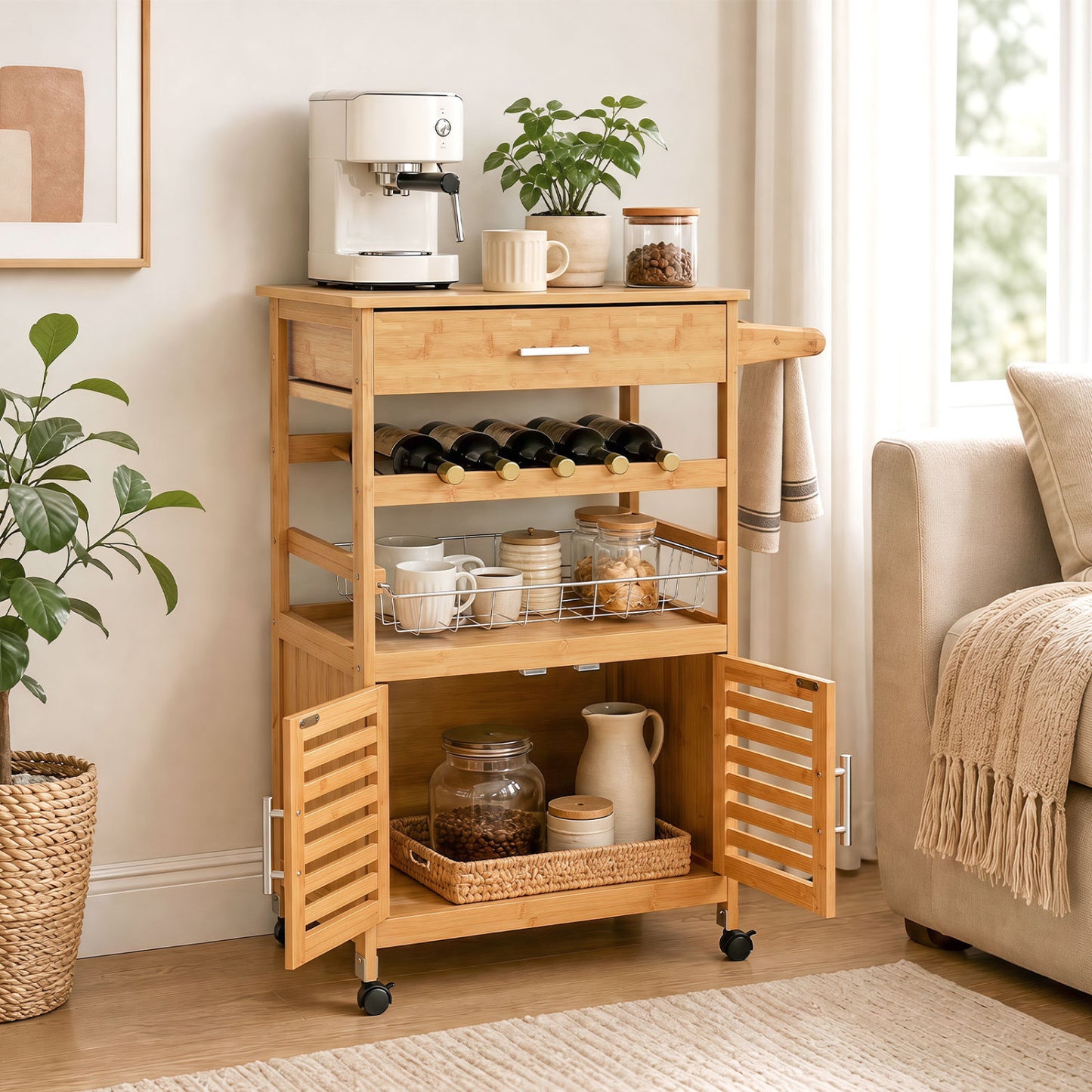 Rolling Kitchen Island Cart with Wine Rack and Storage