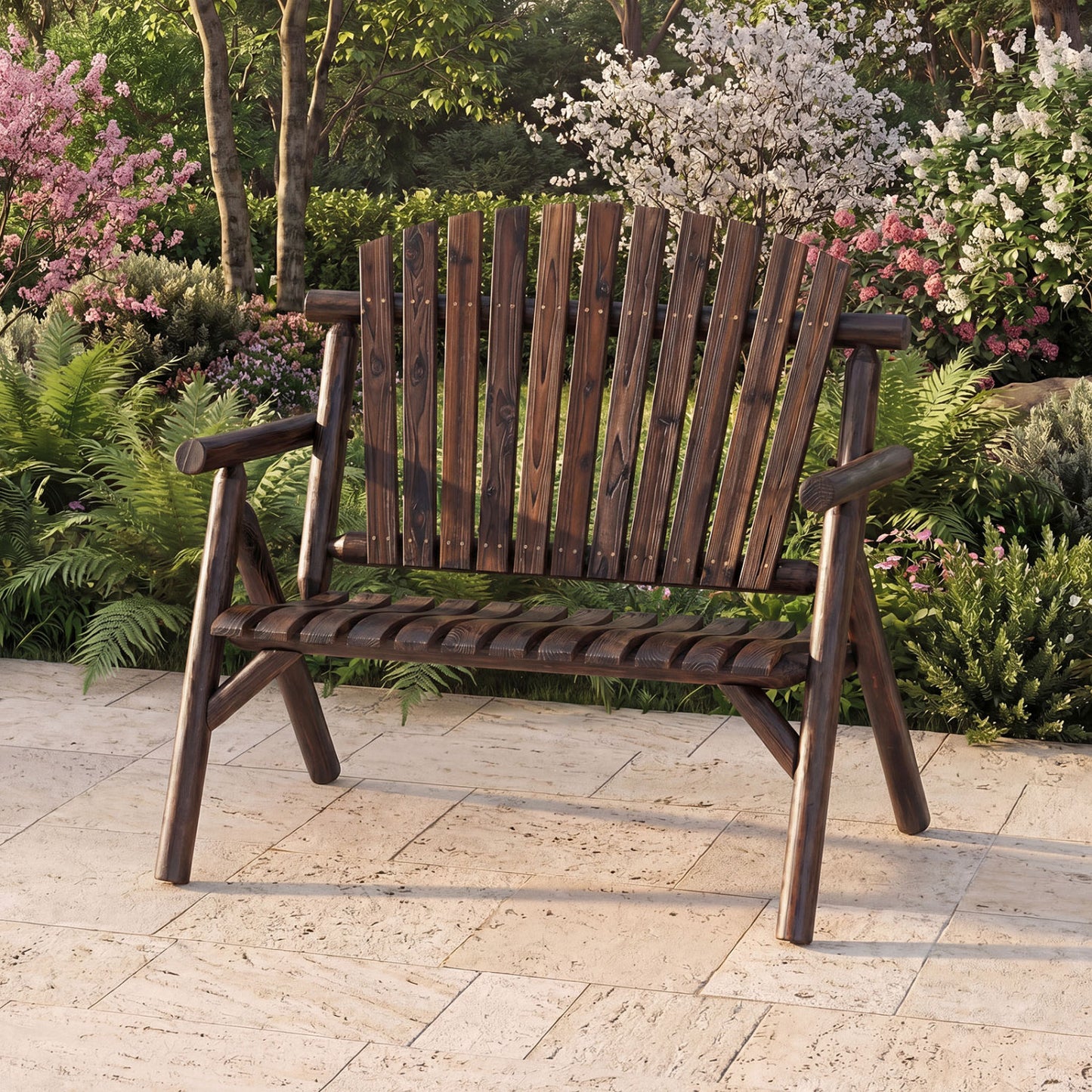 2-Person Log Wood Patio Bench with Slatted Backrest