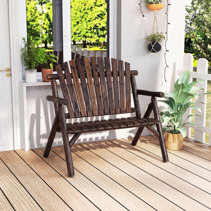 2-Person Log Wood Patio Bench with Slatted Backrest