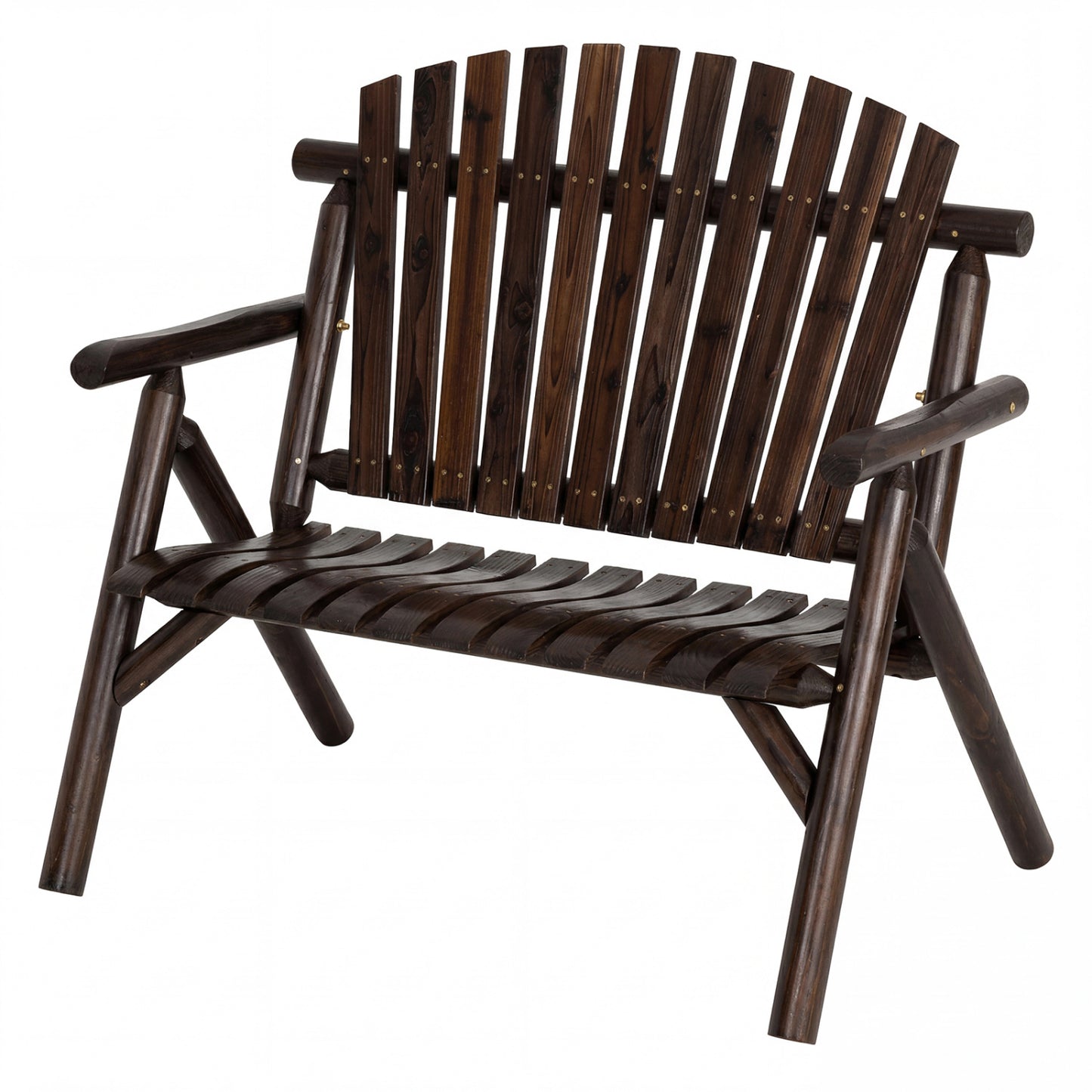 2-Person Log Wood Patio Bench with Slatted Backrest